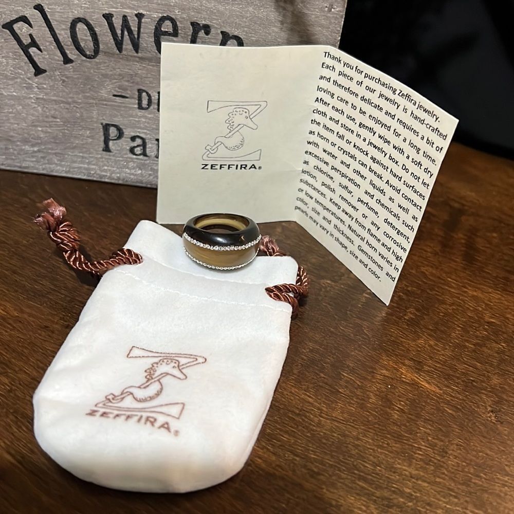 ZEFFIRA "BiBi" Black and Brown Natural Horn and Swarovski Ring, Size 7